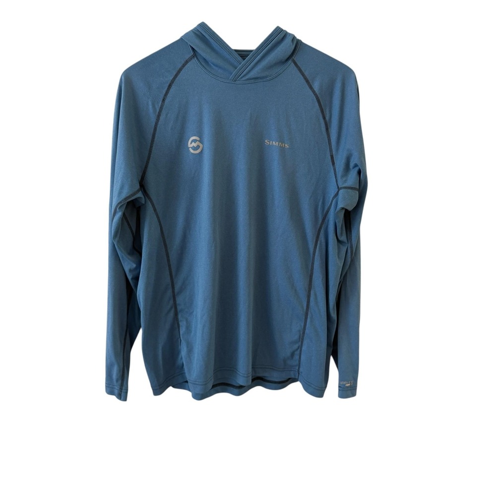 Simms SolarFlex Hooded Long Sleeve T Shirt Mens M Blue UPF50 Fishing Performance